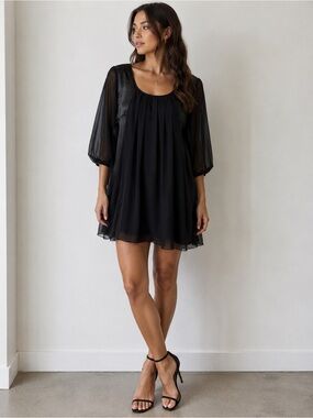 Black Sheer Puff Sleeve Mini Dress - Elegant Evening Shift